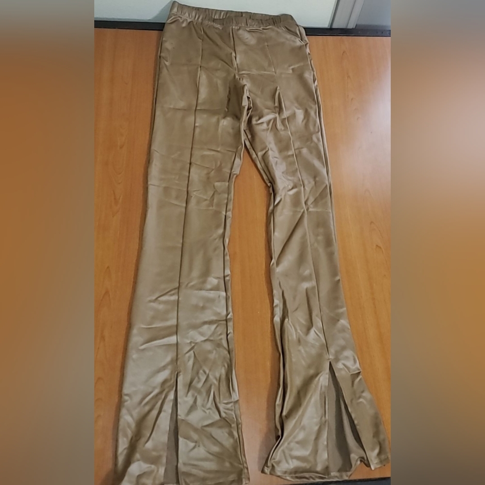 Brown Faux Leather Front Slit Flare Pants